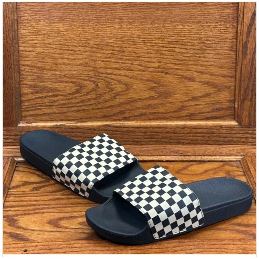 Vans La Costa Slide-On Sandals Navy Blue White Checkerboard Mens Shoes